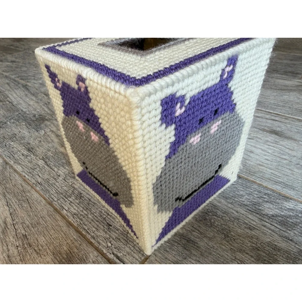 Handmade Hippo Needlepoint Tissue Box Cover Cottagecore Yarn Folk Art Home Decor